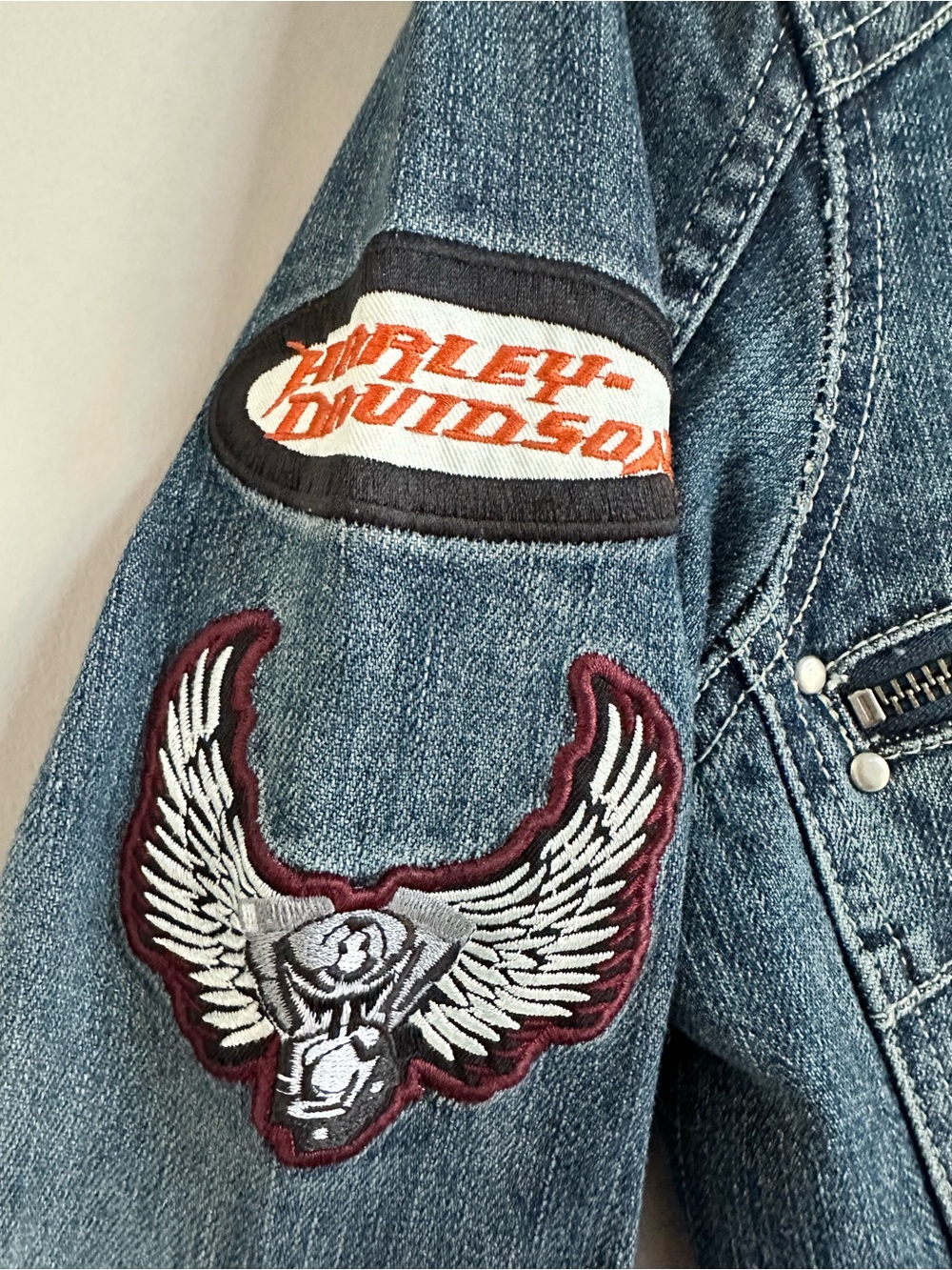 Vintage Women’s Harley Davidson patch Stretch Denim Motorcycle Coat Size XS - Picture 5 of 10